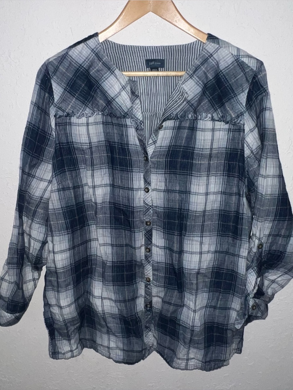J. Jill plaid long sleeve button up tunic top Size XL petite blue roll tab